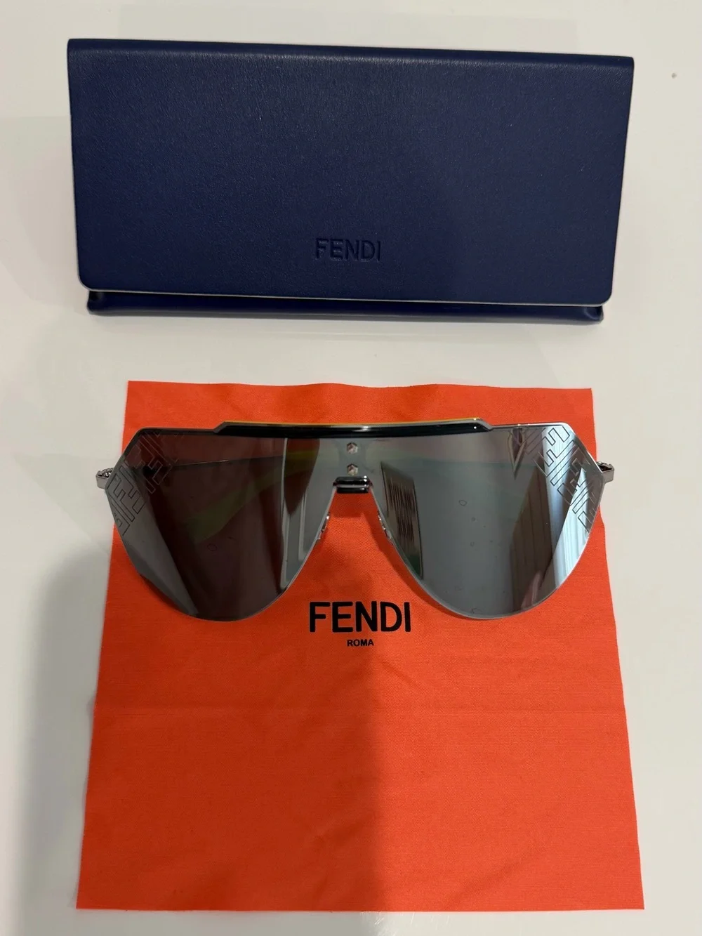 Fendi Silver Mirrored Shield Sunglasses with Navy Case BRAND NEW